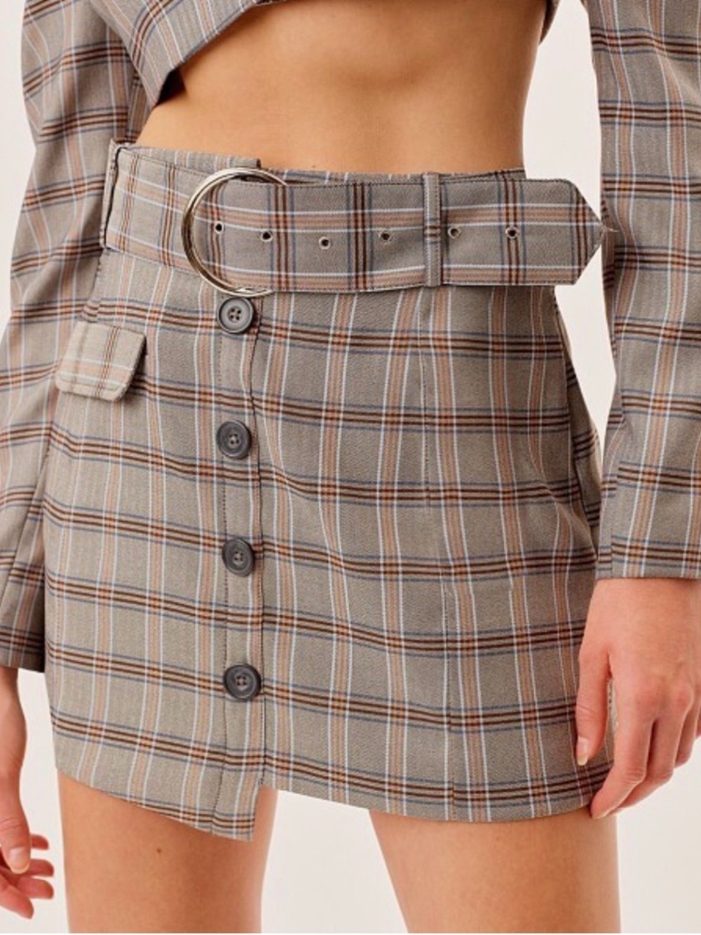 For Love and Lemons Plaid Belted Mini Skirt - Gray